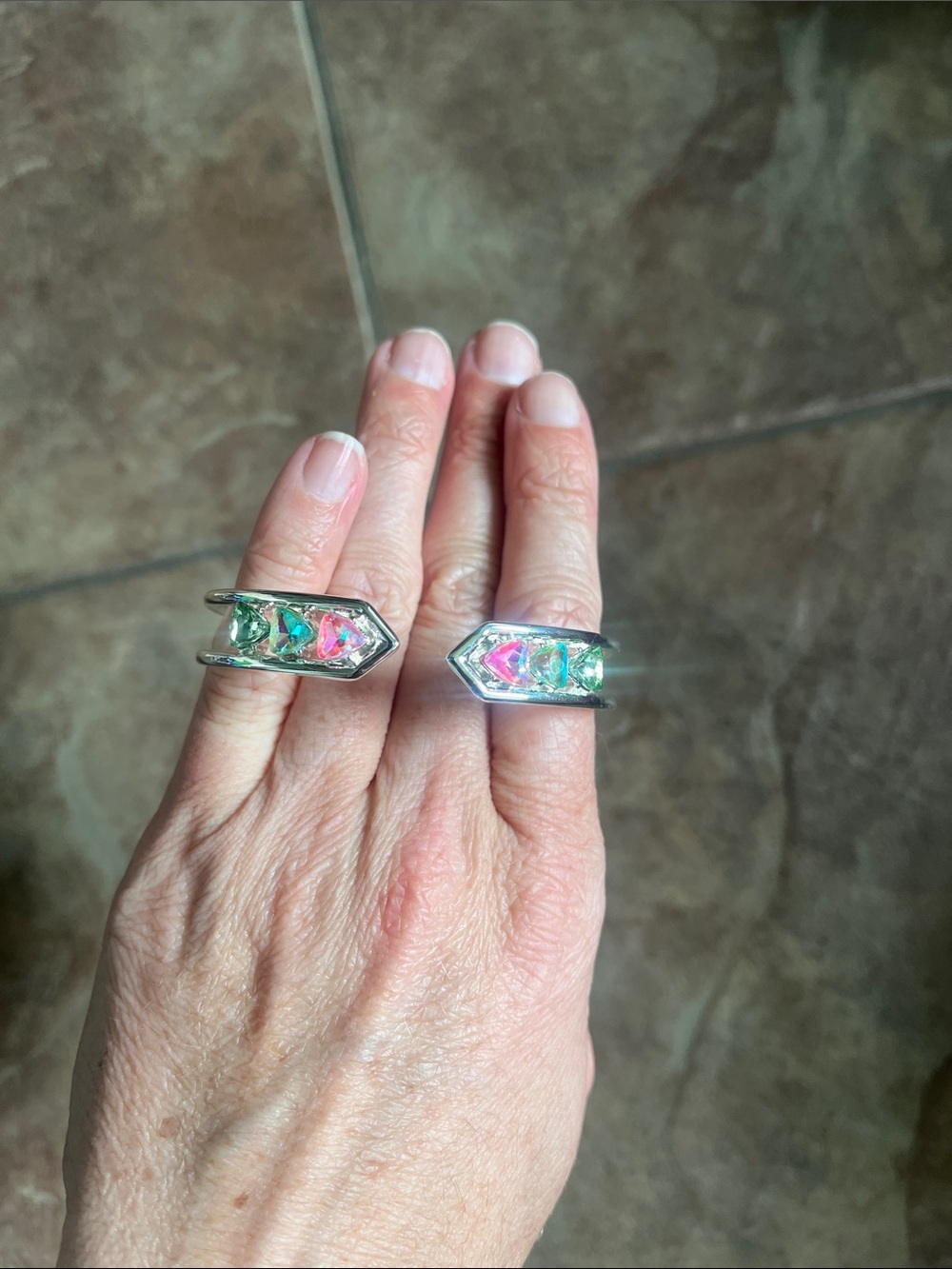 Iridescent Pink & Green Arrowhead Open Cuff Bracelet - Silver Tone